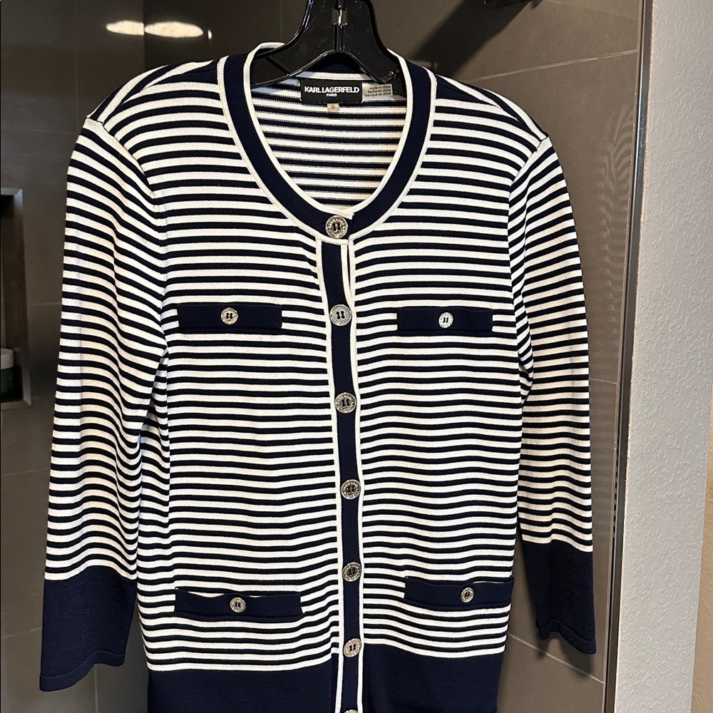 Karl Lagerfeld Navy and White Striped Cardigan